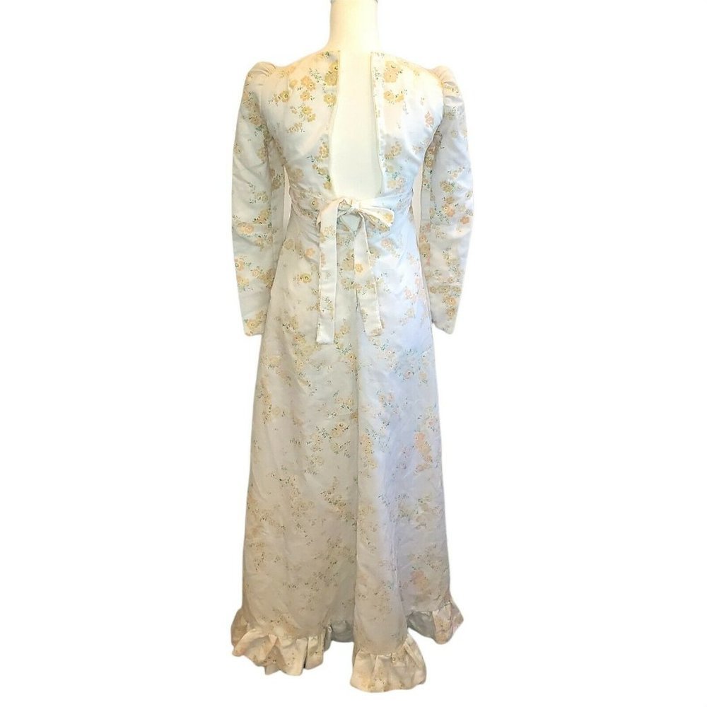 Vintage 70s Flocked Floral Maxi Prairie Dress White Peach Flowers Sz 0 XXS - Picture 5 of 13